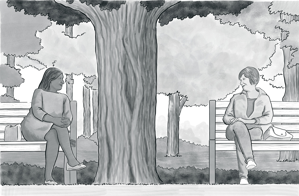 Two illustrated women sitting on separate park benches and talking