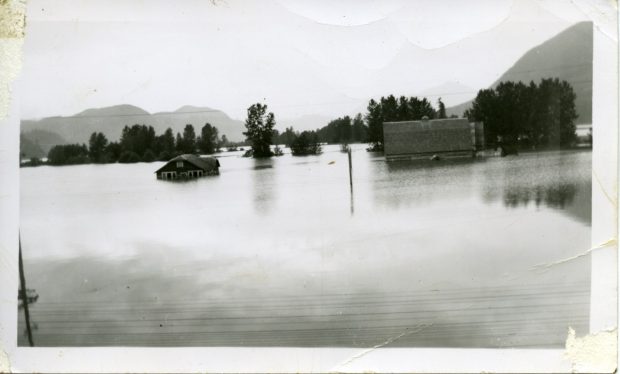 Two houses submerged in water up to their windows