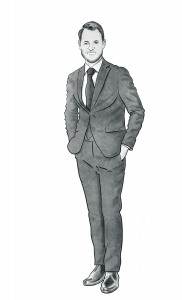 Illustration du maire Brad West portant un costume