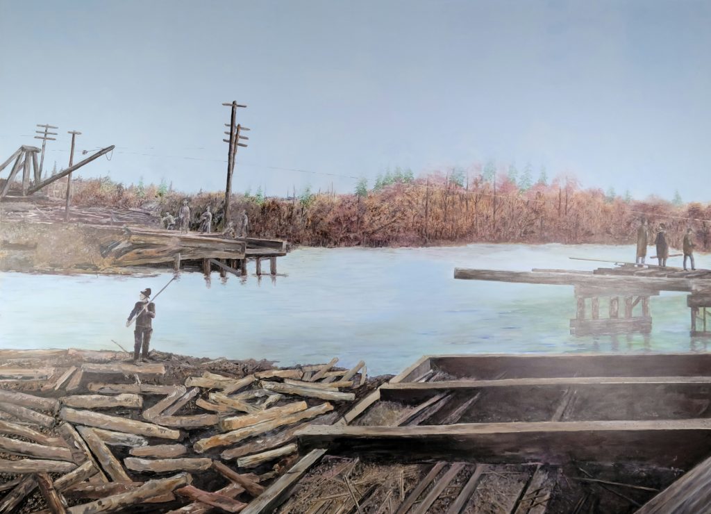 A mural of two wooden bridges, broken in the middle over the Coquitlam River