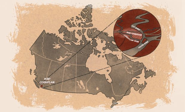 Port Coquitlam starred on a map of Canada with magnified illustration of the city bordered by the Pitt, Coquitlam, and Fraser rivers