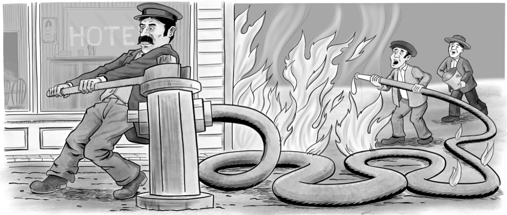 Illustration of three men with a fire hose