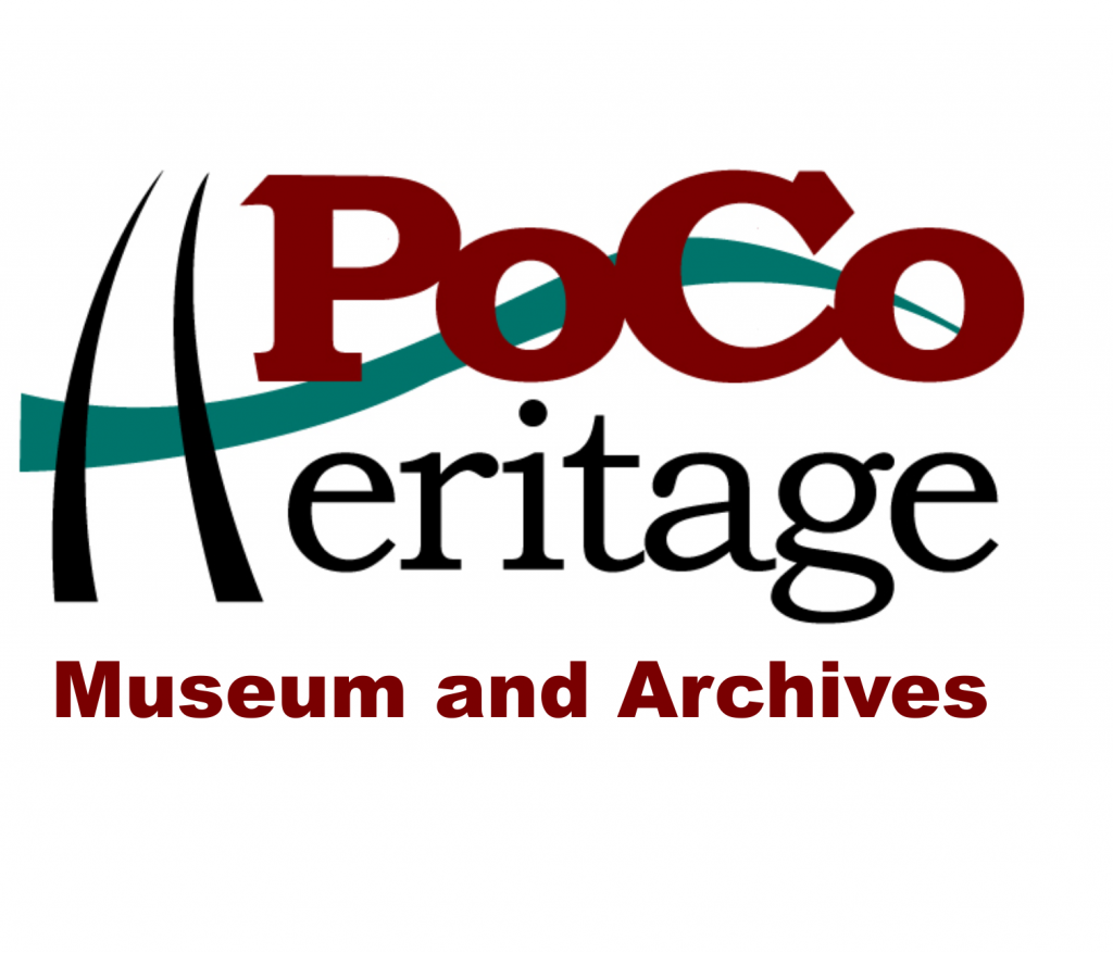 A white background logo with blue, red and black, letters. The logo reads "PoCo Heritage Museum and Archives".