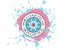 A white, pink and blue colored logo that reads "Port Coquitlam Arts Council".