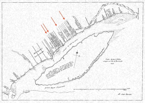 Black and white archival map showing Côte-de-Beaupré, the St. Lawrence River, and Île d’Orléans. It illustrates bodies of water, identified by name, as well as land use as shown by the presence of lots—long, horizontal strips of land perpendicular to the river bearing their owners’ names.