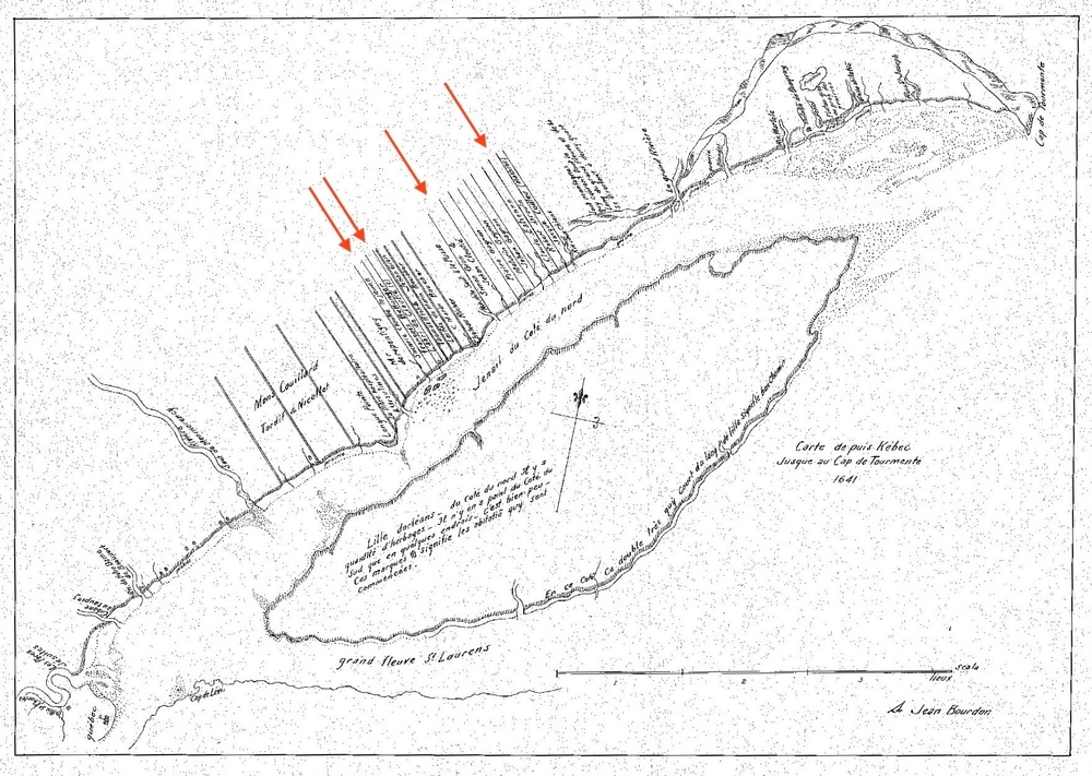 Black and white archival map showing Côte-de-Beaupré, the St. Lawrence River, and Île d’Orléans. It illustrates bodies of water, identified by name, as well as land use as shown by the presence of lots—long, horizontal strips of land perpendicular to the river bearing their owners’ names.