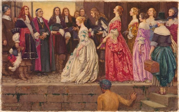 Colour reproduction of a watercolour showing seven women dressed in colourful frocks disembarking. The women are seen in profile on the right half of the painting, and are facing two men wearing official dress. The woman at the front of the group is curtseying before them. The first of the two men, Jean Talon, is decked in finery. He has a sword tucked in his belt, and is wearing a wig and holding a large, feather-adorned hat. The other man, François de Laval, is wearing a prelate’s robe and a burgundy stole. Around his neck is a large golden cross. The other figures in the scene include several bewigged gentlemen and a soldier. In the foreground stands the stone wall of a wharf and the lowers steps of a stone staircase.
