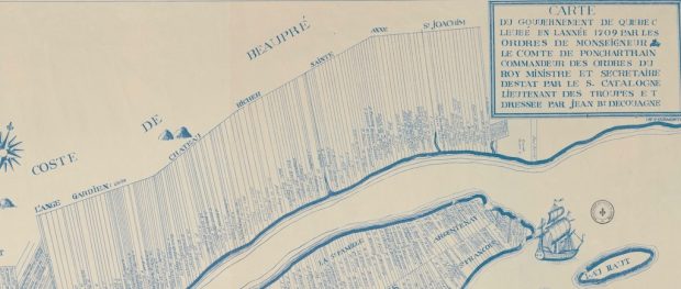 Archival map showing part of Côte-de-Beaupré (L’Ange-Gardien, Château-Richer, and Sainte-Anne-de-Beaupré) and how the land was divided up into long rectangular strips perpendicular to the St. Lawrence River. Each strip of land bears its owner’s name.