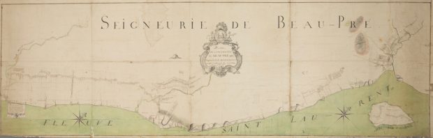 Colour cadastral plan showing the seigneurial lots in the Beaupré Seigneury, from the Montmorency River all the way to the Gouffre River. The St. Lawrence River can be seen in green at the bottom of the map, which includes Île aux Coudres.