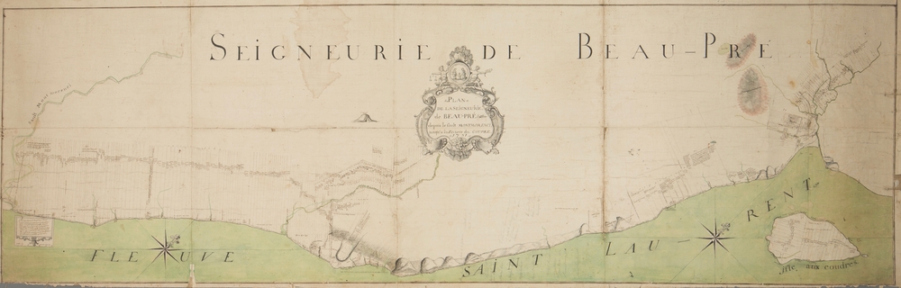 Colour cadastral plan showing the seigneurial lots in the Beaupré Seigneury, from the Montmorency River all the way to the Gouffre River. The St. Lawrence River can be seen in green at the bottom of the map, which includes Île aux Coudres.