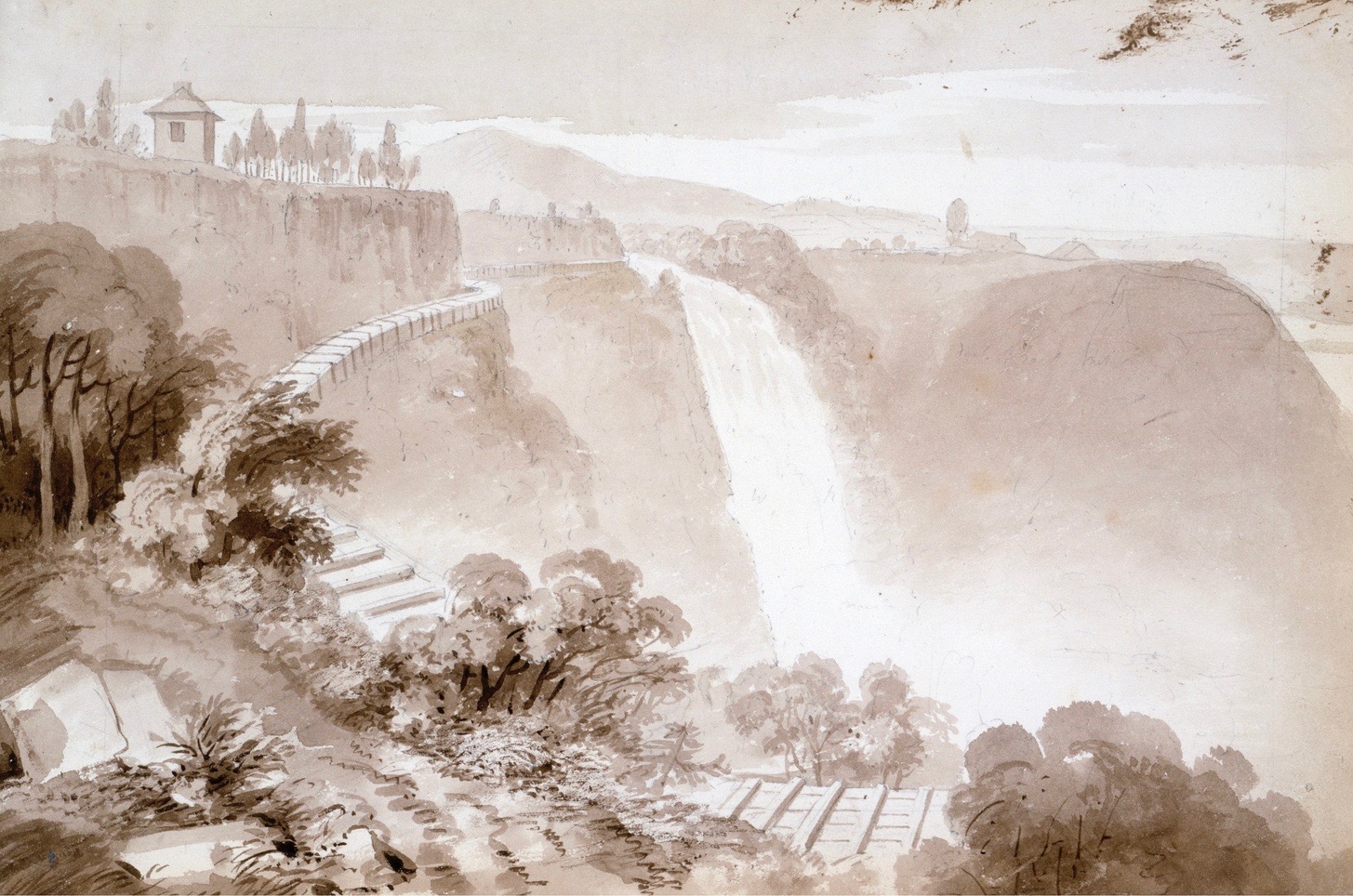 Reproduction of a brown wash-over-pencil drawing depicting the top of the Montmorency Falls in the background, as well as the cliff and the natural surroundings. A wooden penstock carrying water runs along the edge of the cliff.