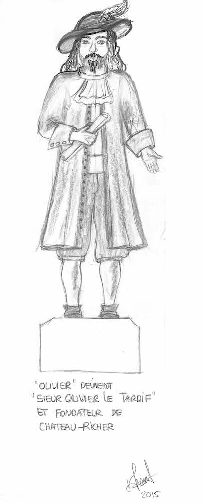 Graphite-on-paper drawing of a bearded man dressed in period costume, as imagined by the artist. It depicts the frontal view of a man standing on a pedestal. He is wearing a wide-brimmed, feather-topped hat; a ruffled shirt; a long frockcoat open at the front; breeches; white stockings; and shoes. He is holding a roll of parchment in his right hand.