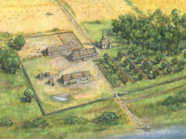 Colour drawing showing the various buildings at La Grande Ferme, including the main house, barn, stable, and church. It also depicts the gardens and an orchard as well as trees scattered around the property and several heads of cattle. There is a fence running around the entire farm.
