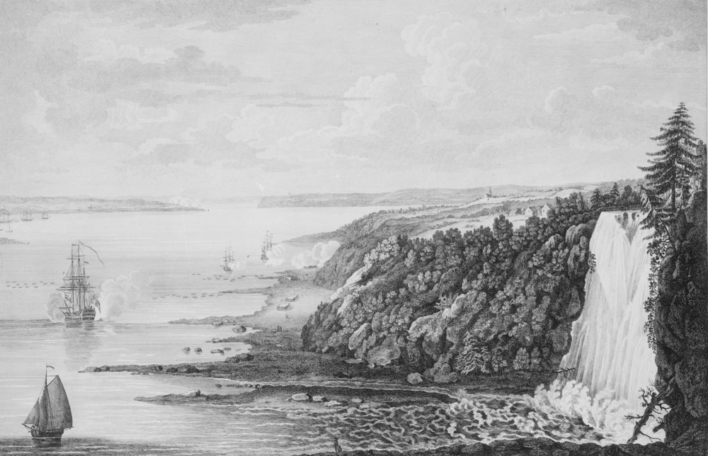 Print depicting the Battle of Montmorency seen from the east. On the left, ships can be seen on the St. Lawrence River, firing their cannons. To the right are the Montmorency Falls and the wooded cliffs. Below, battalions of soldiers can be seen in rectangular formations.