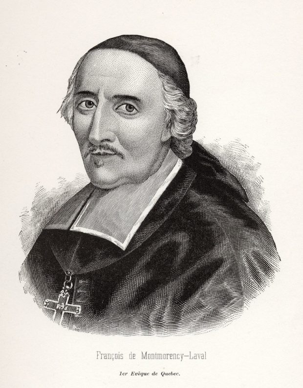 Black and white print of a three-quarter portrait of François de Laval. The bishop is wearing a skullcap and a black cassock, with a pectoral cross around his neck. An inscription beneath the print reads: François de Montmorency-Laval, 1st bishop of Québec.
