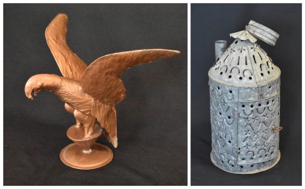 Colour photos showing a copper eagle mounted on a circular stand (left) and a perforated metal candle lantern (right) with a carrying handle on top. There is a small rectangular door on the side and a pipe at the top to insert the candle.