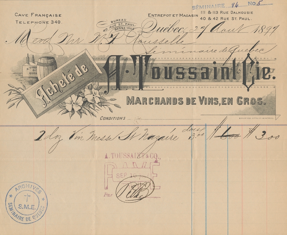 Archival document detailing a transaction between A. Toussaint & Cie wine wholesalers and Séminaire de Québec. The document attests that three dollars was paid in exchange for two dozen bottles of St-Nazaire sacramental wine.