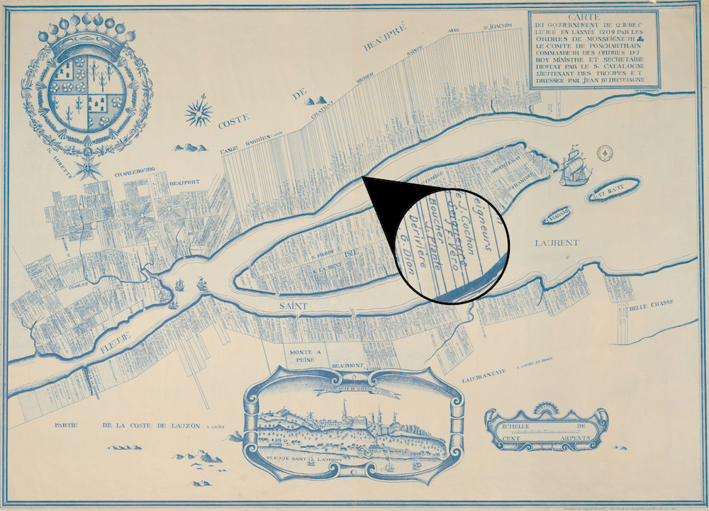Archival map depicting part of the City of Québec (including Charlesbourg and Beauport), the Côte-de-Beaupré region, Île d’Orléans, the south shore of the St. Lawrence River, and the rectangular plots of land running perpendicular to the river. The circle in the centre of the map features a blow-up of the lot bearing the name “F. Vero” as well as several adjacent lots.