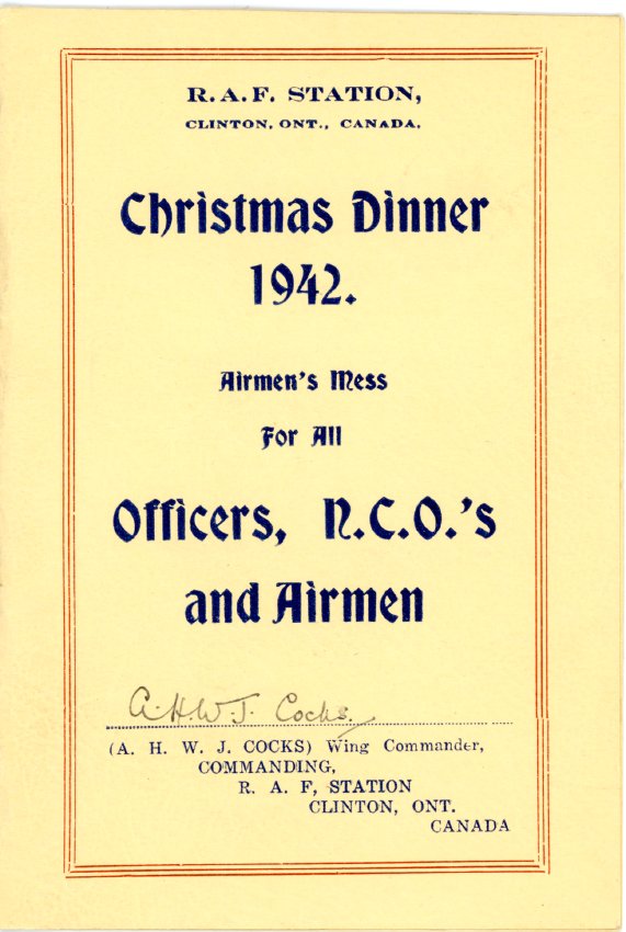 Cover page for a Christmas dinner menu; off-white background, blue text, red border