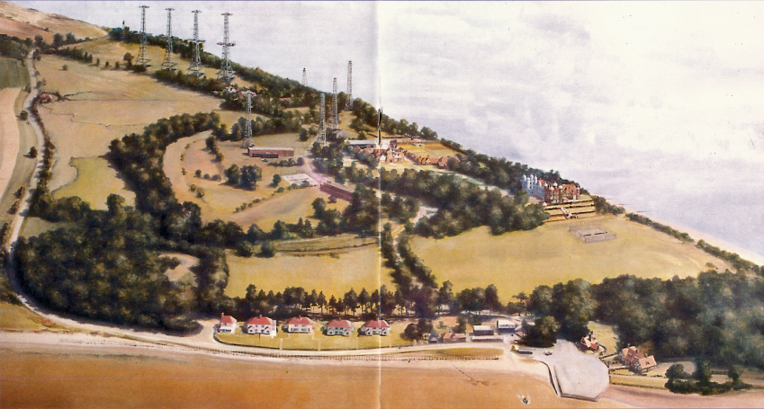 A painting of a birds-eye view of a radar base. There is water at top right; trees, fields, and small houses. Tall antennas are scattered throughout the base.