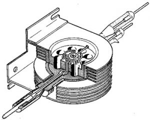 A cut-away line drawing of a magnetron. Magnetron's uses electrons to generate microwaves. Their frequency is determined by the cavities dimensions.