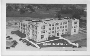 birds-eye view of UWO Physics building, black & white
