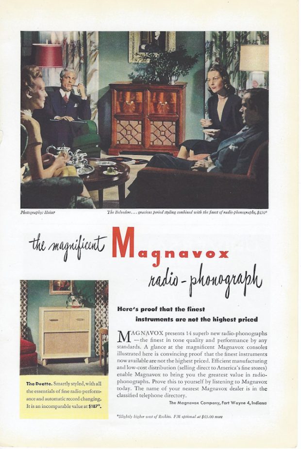 The two illustrations are in multicolour. The top one shows four adults sitting in a living room drinking tea around a radio cabinet. The smaller bottom photograph shows the radio in a simpler cream colour design.