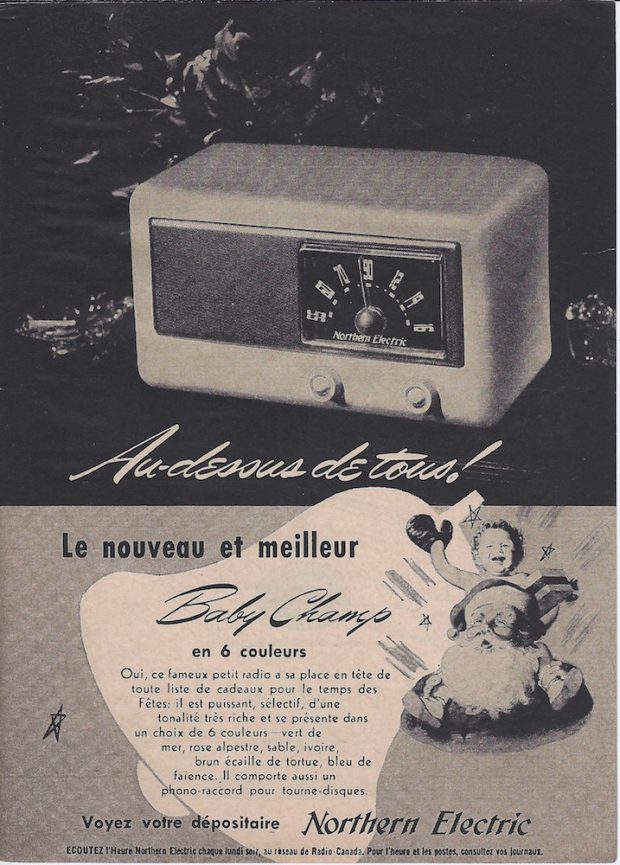 Page from a Reader's Digest Magazine issue in 1948 advertising the Baby Champ radio by Northern Electric. The Baby Champ is illustrated on Santa's shoulders on the righthand side. Text is in French.