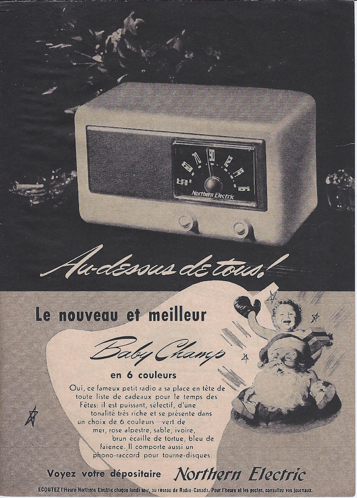 Page from a Reader's Digest Magazine issue in 1948 advertising the "Baby Champ" radio by Northern Electric. The Baby Champ is illustrated on Santa's shoulders on the righthand side. Text is in French.