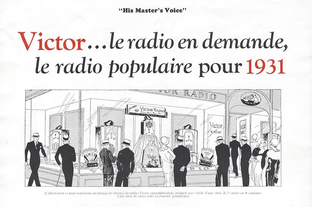 The text on the page has some red highlighted words. The illustration in black and white shows shoppers looking at radios in a department store display window. Title translated from French: Victor… the radio in demand, the popular radio in 1931.
