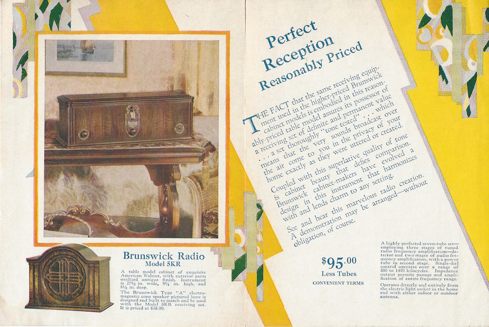 The advertisement takes up two pages with a collage-style and a dynamic design of diagonally placed features and text on the center right side contrasting with the rest of the design. The left side shows an orange-white framed illustration of a radio on a decorated table.
