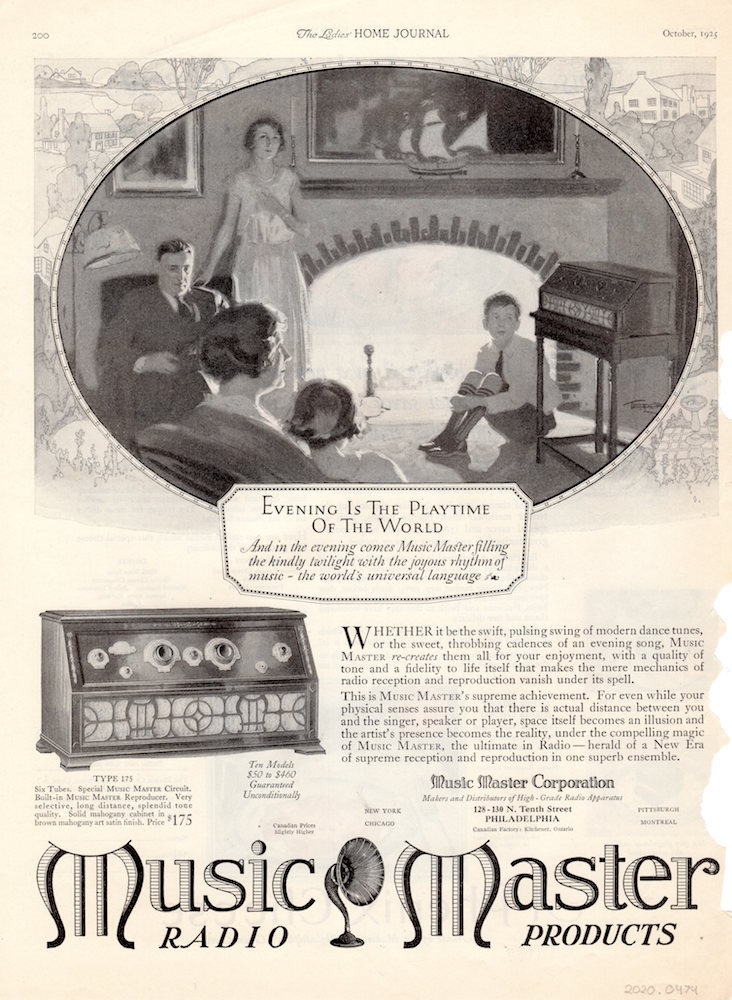 Page from Ladies Home Journal, October 1925. Title: "Evening is the Playtime of the World." Illustration of family (mother, father, two daughters, one son) sitting in front of fireplace and radio.