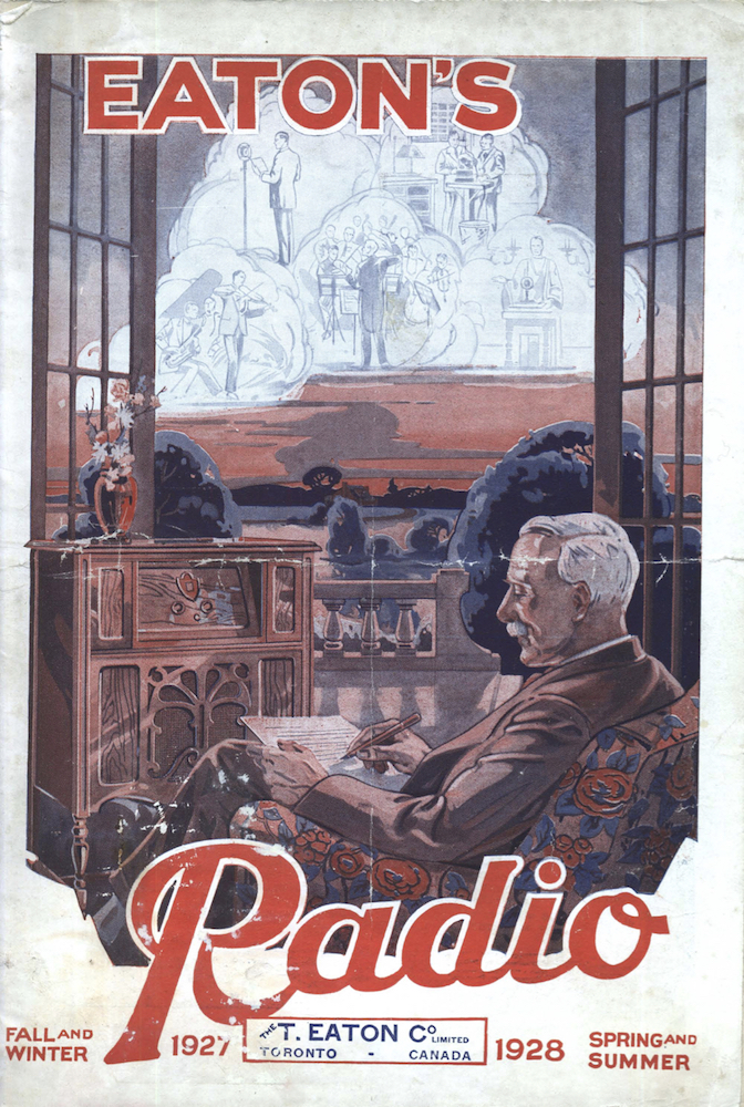 Illustration multicolore de la page de couverture d’un homme écrivant devant un récepteur radio et une fenêtre ouverte donnant sur un jardin. Texte en anglais.