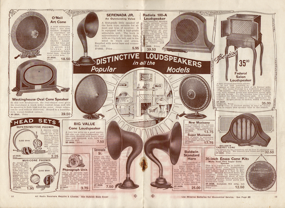 Renderings of radio accessories including wooden and metal loudspeakers and headsets were originally printed in dark brown on white paper which has yellowed over time.