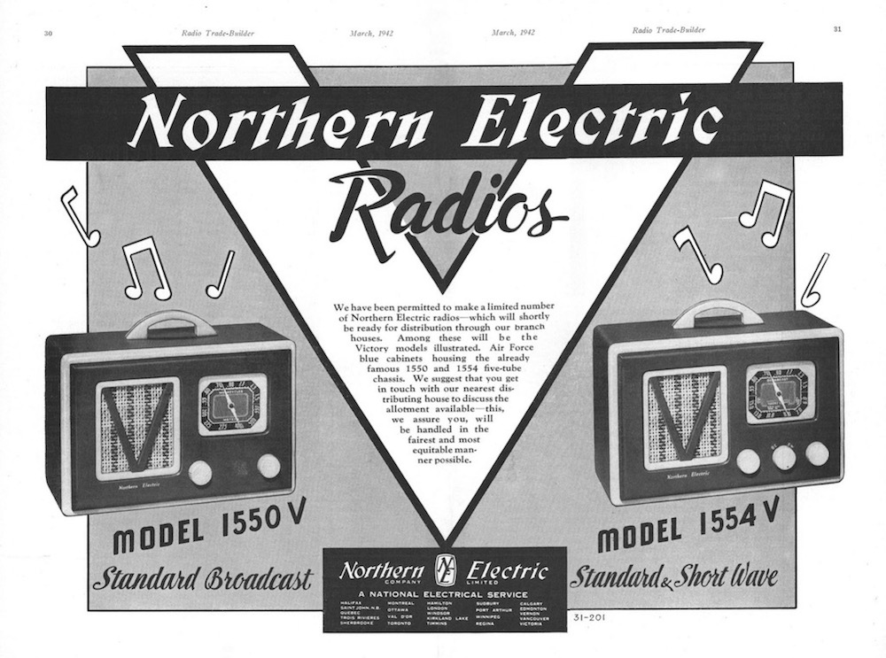 The landscape oriented black and white advertisement displays two radio models on either side of a large V-shaped white text block on a grey background.