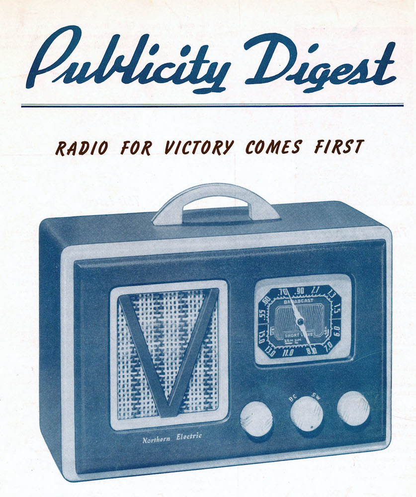 Cropped image of a blue and white printed advertisement showing a radio in a slight diagonal view. The radio has a handle on top, a speaker on the left inlayed with a V-shaped decoration, and dials on the right.