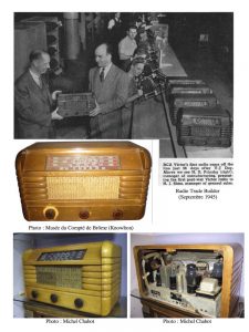 This page shows four images: at the top a black and white paper clipping shows a production line for radios. Two colour photographs on the left-hand side show the exterior of a M-45; on the right-hand side another colour photograph shows the cabinet’s inside.