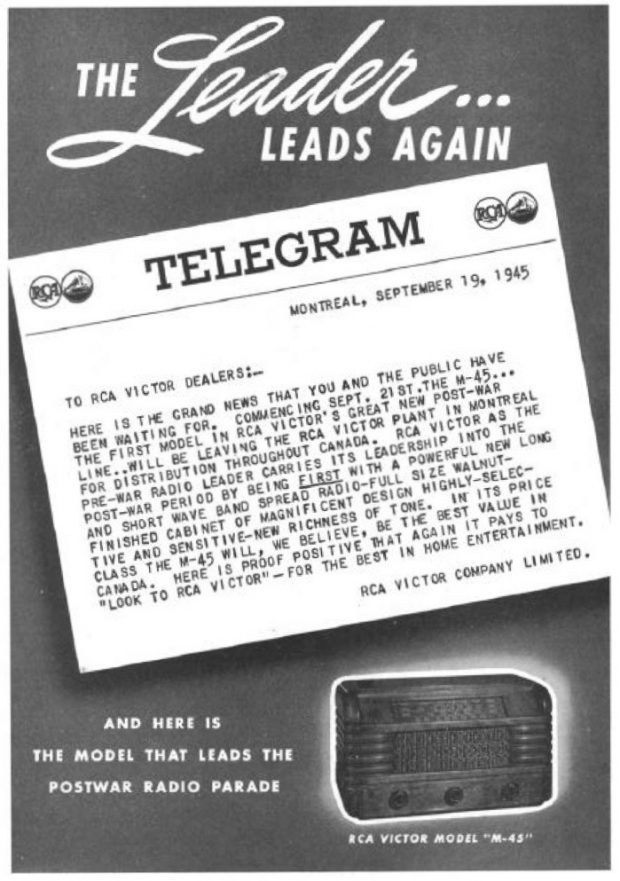 This black and white print has a grey background. A white clip of a telegram in the centre advertises the radio which is seen in the bottom right corner.