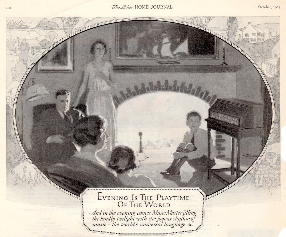 Page from The Ladies Home Journal. In front of a background of a fainted homey landscape is an oval shaped illustration in black and white of a family featuring a mother, father, two daughters and one son seated indoors in front of a burning fireplace and a radio.