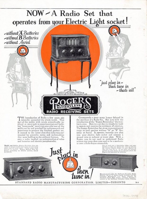 The ad in black, white and red shows a man and women listening to a radio in the top half to the left . On the right, a man beside a radio reaches up to plug the wire into a light socket. In the middle of the page, a receiving set figures more prominently. At the bottom of the page, two more radios are shown under some text.