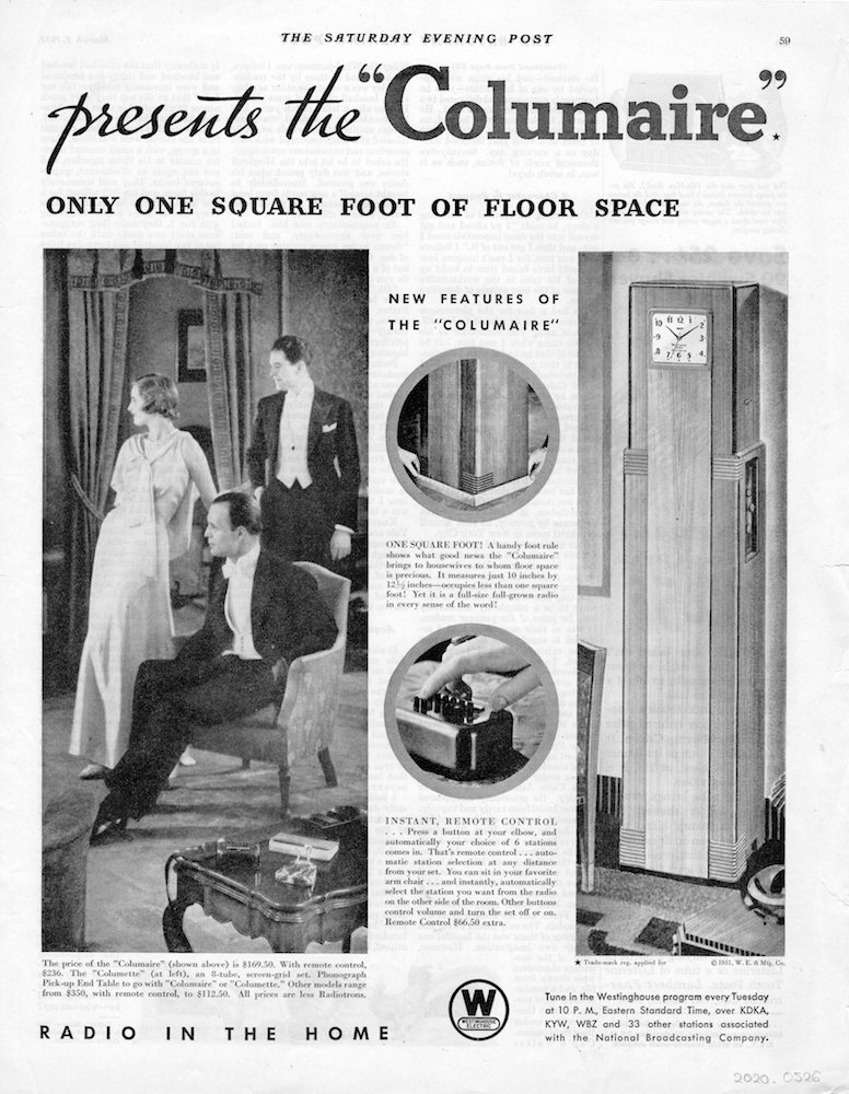 The black and white advertisement has three columns. The left column shows a woman in a long light-coloured gown and two well-dressed men, all three looking to the left. On the right is a rendering of a clock radio, the middle column has text interspersed with two round illustrations of details of the radio.