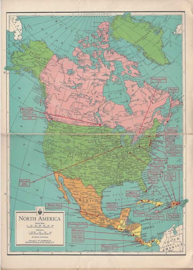 Map of North America from the Philco Radio Atlas of the World showing the shortwave radio stations on the continent, 1935.