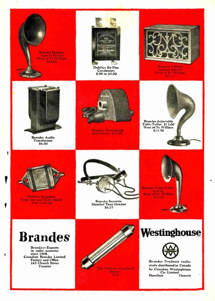 Dans un motif à carreaux rouges et blancs, la publicité représente divers haut-parleurs, écouteurs et transformateurs. Leurs descriptions sont en anglais.