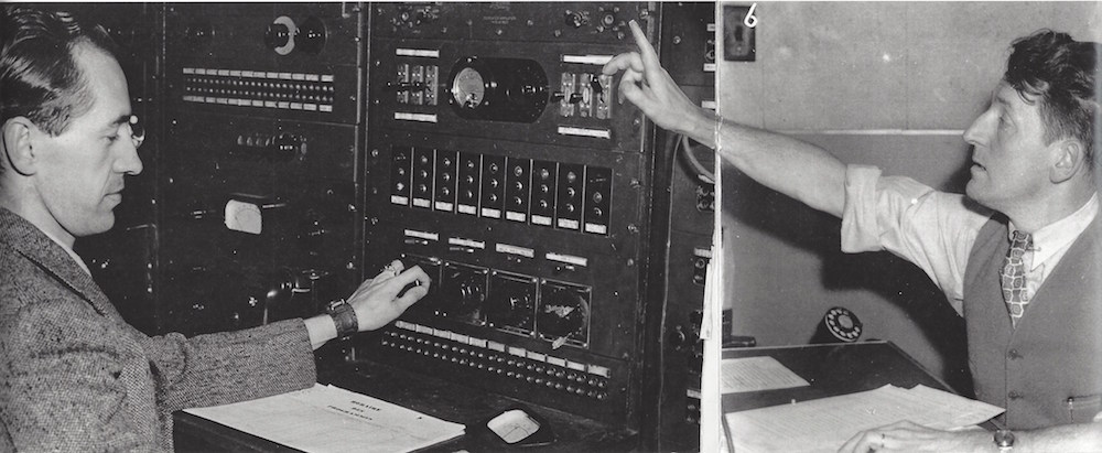 Photo-montage of two black and white shots showing one man in suit on left reaching for control buttons on a panel, another man on the right in a vest likely signalling to start broadcasting.