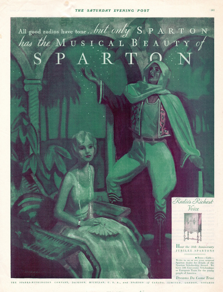 La page monochrome turquoise comporte un titre, une illustration, du texte en anglais et une illustration plus petite en bas de page. L'illustration principale montre un bal flamboyant se déroulant dans une grande salle, avec deux personnages au premier plan se relaxant à côté d'une radio Eisemann.