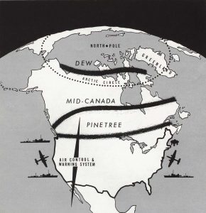Image of a map of North America in black and white showing the radar defence system.
