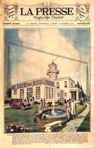 Water coloured, printed illustration below the newspaper title showing a building with a tower touching wires stretched between two poles below a blue cloudy sky and a garden with a fountain in front. A long walkway leads to the door of the radio station.