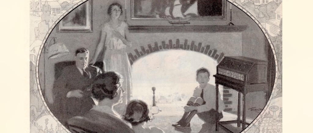 A black and white illustration of a family featuring a mother, father, two daughters and one son seated indoors in front of a burning fireplace and a radio. The illustration is oval-shaped and bordered by another illustration of a rural landscape.