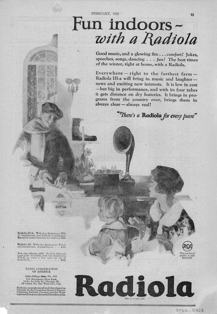 A black and white advertisement shows a drawing of a man, a woman, and a child diagonally across the page. Between the man, woman and child is a radio with an amplification horn. The text is placed in the top right, and bottom left corners.