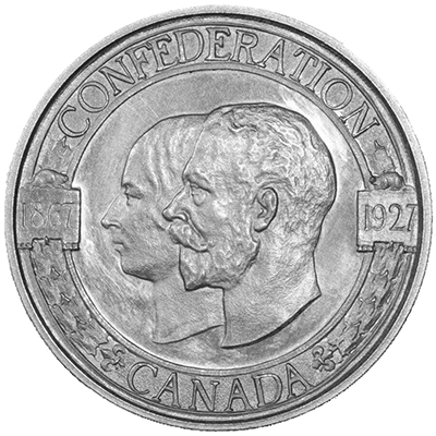 Black and white depiction of a medal commemorating the Diamond Jubilee of Canada in 1927 with the profiles of George V and Queen Mary.